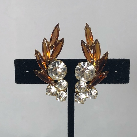 Vintage Amber and Clear Crystal Clip-On Earrings - Picture 1 of 3